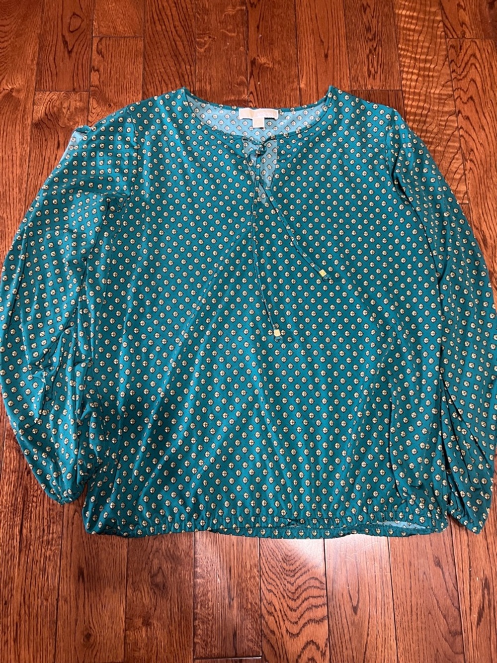 Michael kors Womens Teal Printed Long-Sleeve Tie-Neck Blouse